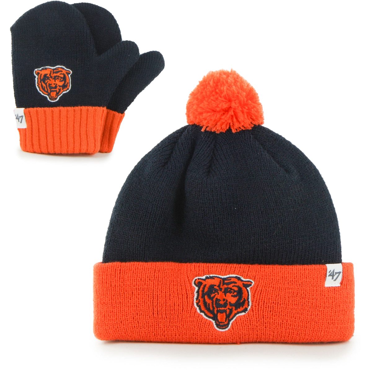 infant 47 navyorange chicago bears bam bam cuffed knit hat with pom and mittens set Collection | Bears Jerseys NFL Fan Gear