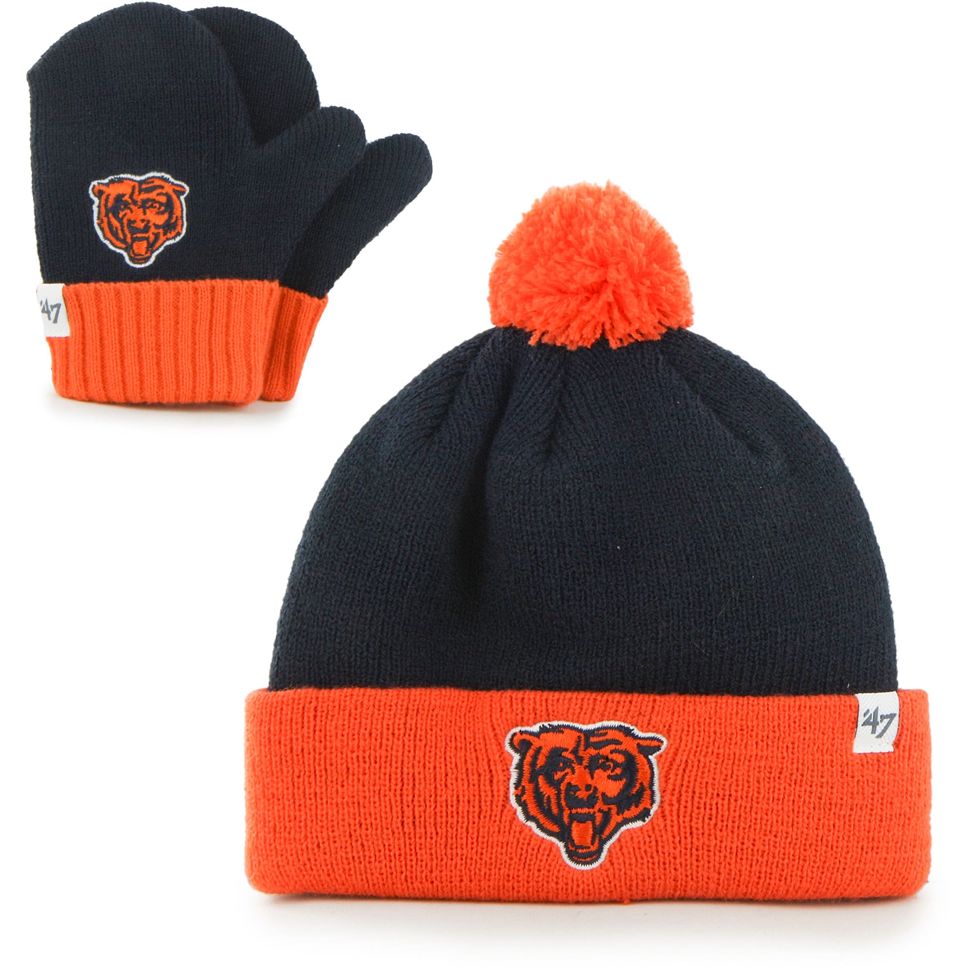 infant 47 navyorange chicago bears bam bam cuffed knit hat with pom and mittens set Collection | Bears Jerseys NFL Fan Gear